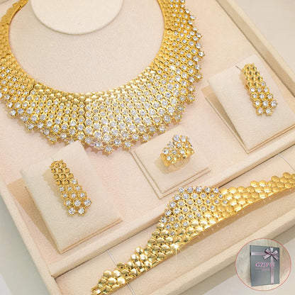 GZJPEI 4 Pcs/set Necklace Bracelet Earring Ring Light Luxury Jewelry Set Shiny White Full Zircon For Women Jewellery Birthday Gift Anniversary Gift