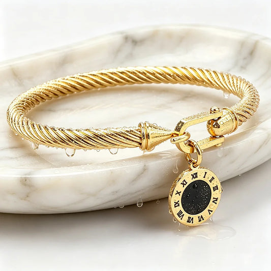 316L Stainless Steel Twisted Cable Bangle Roman Numeral Pendant Round Charm Bracelet Waterproof Hypoallergenic Fade Resistant Women Jewelry