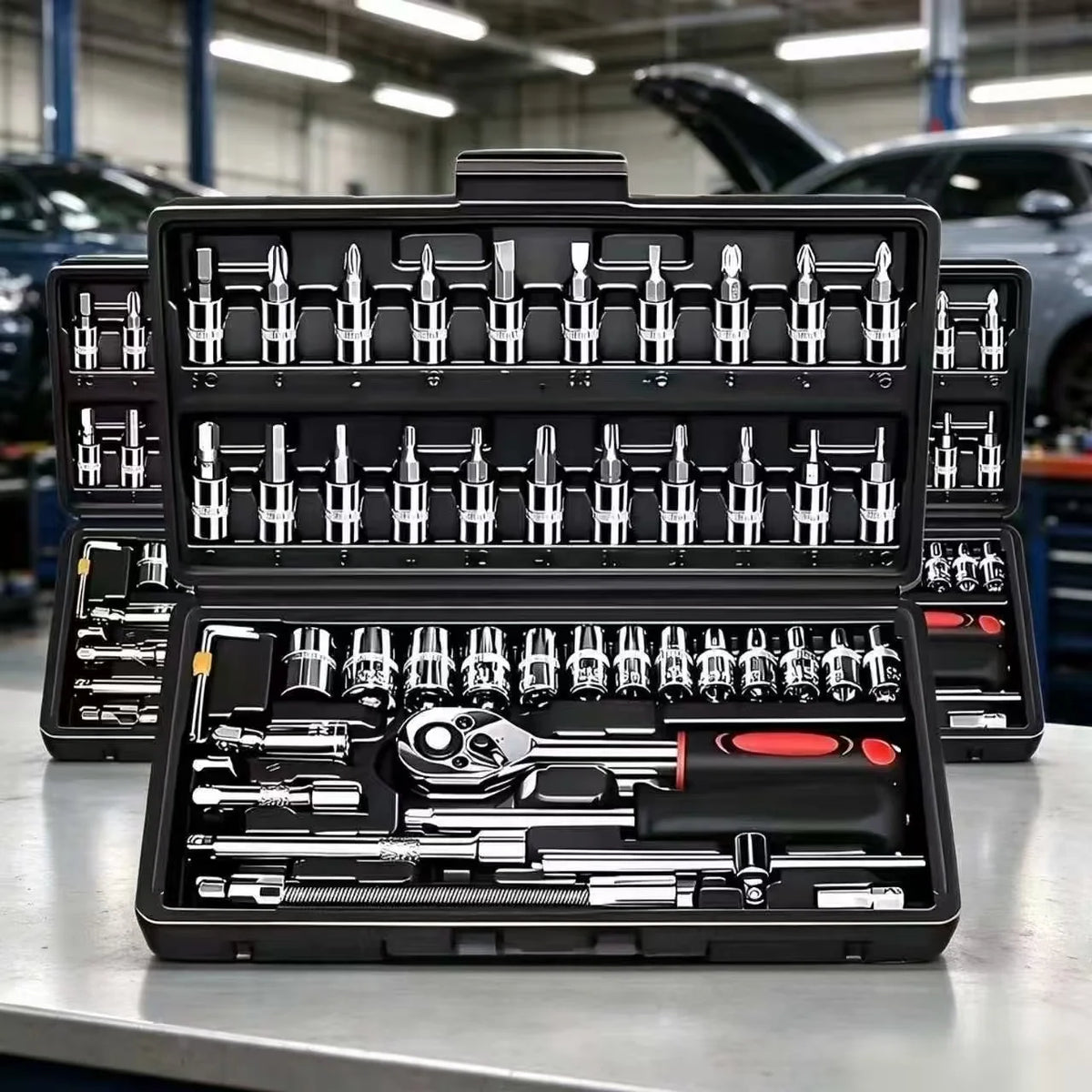 46Pcs CR-V Steel Socket Wrench Set, Durable Ratchet Tool Kit with Storage Bag & Extension Bar for Car and Home Repair