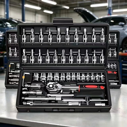 46Pcs CR-V Steel Socket Wrench Set, Durable Ratchet Tool Kit with Storage Bag & Extension Bar for Car and Home Repair