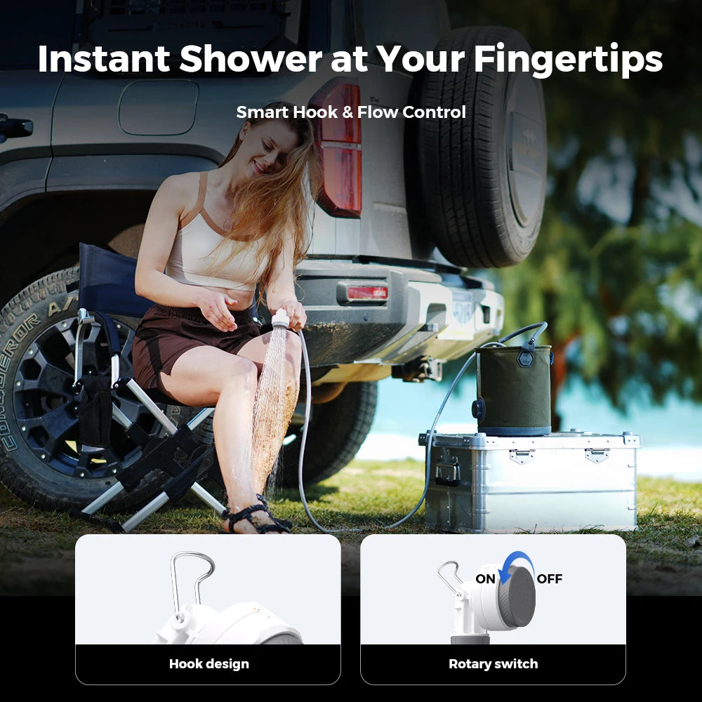 FLEXTAIL Portable Shower Pump, IPX7 Waterproof Pump Head and Hose Set, Rechargeable Water Pump for Camping, Outdoor Shower