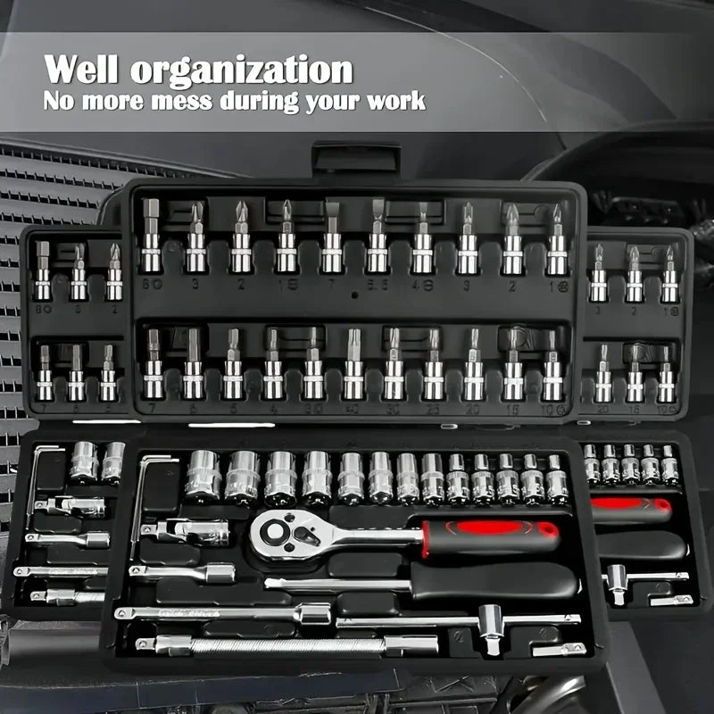 46Pcs CR-V Steel Socket Wrench Set, Durable Ratchet Tool Kit with Storage Bag & Extension Bar for Car and Home Repair