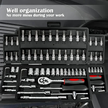 46Pcs CR-V Steel Socket Wrench Set, Durable Ratchet Tool Kit with Storage Bag & Extension Bar for Car and Home Repair