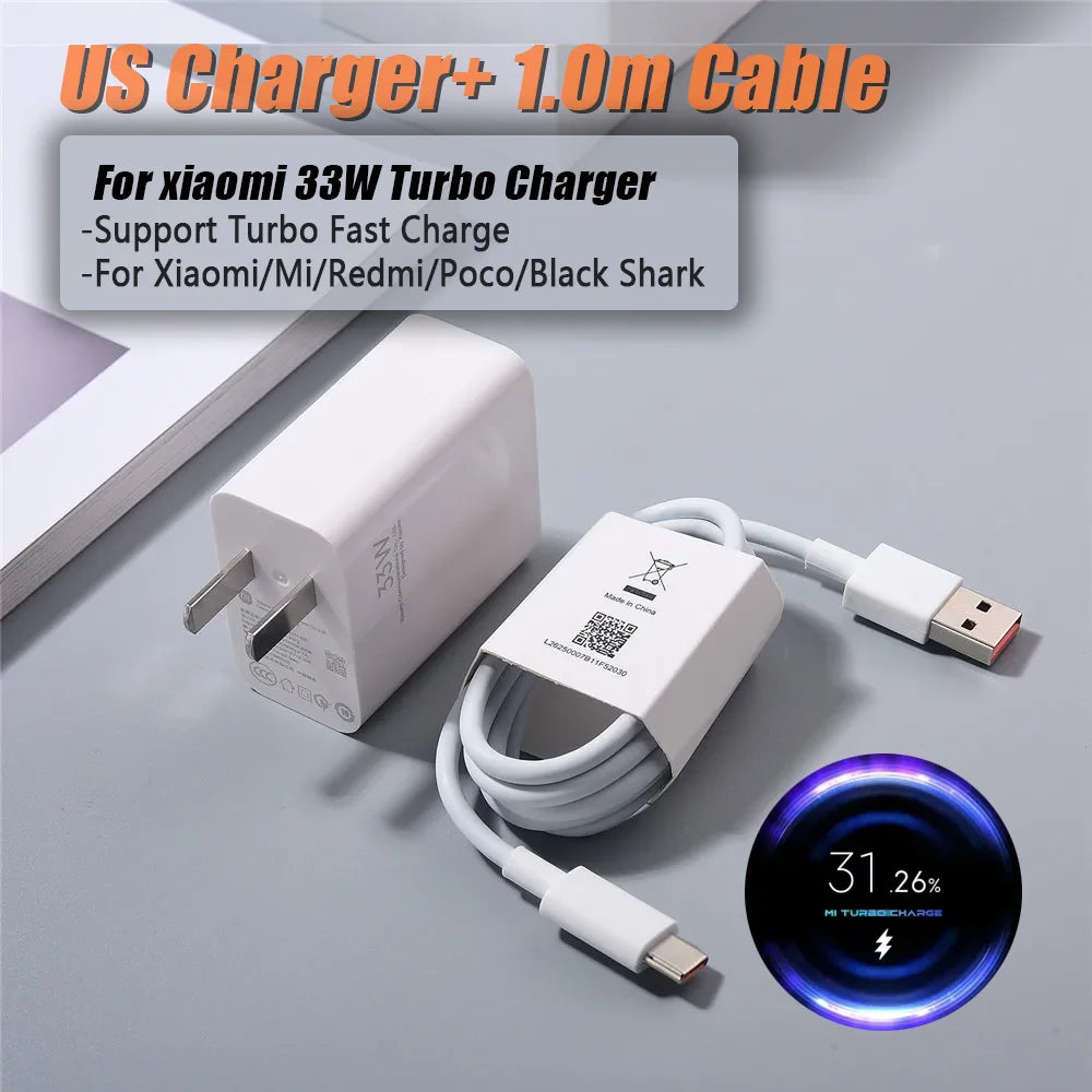 Original Xiaomi 33W EU US Charger Turbo Fast Charge 1M 6A Usb Type C Cable For Poco X5 X4 M5S X3 Pro Redmi Note 12 13 12R