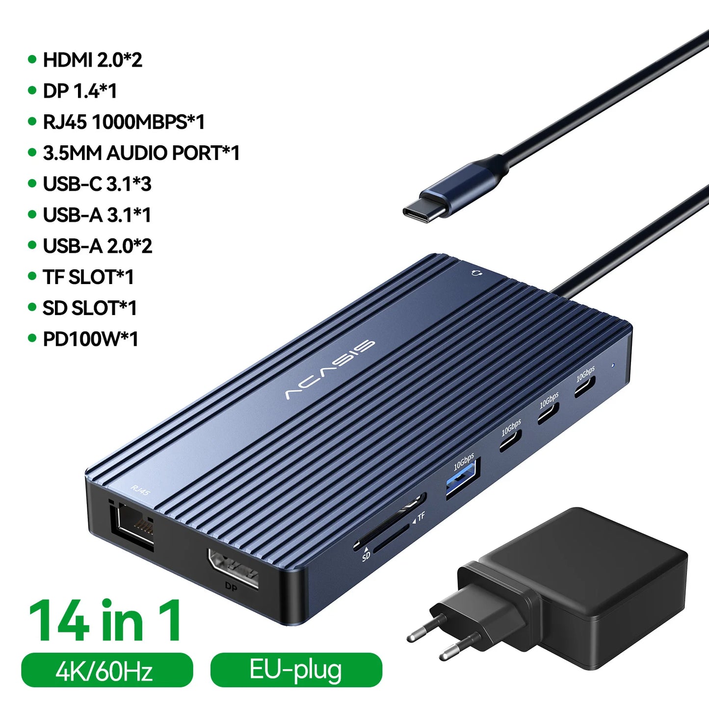 Acasis 14 in 1 USB-C Docking Station Triple Display 4K60Hz HDMI DP PD100W 10Gbps Hub for MacBook Laptop Workstation Setup