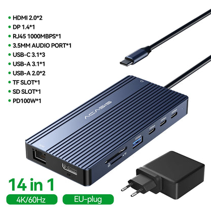 Acasis 14 in 1 USB-C Docking Station Triple Display 4K60Hz HDMI DP PD100W 10Gbps Hub for MacBook Laptop Workstation Setup