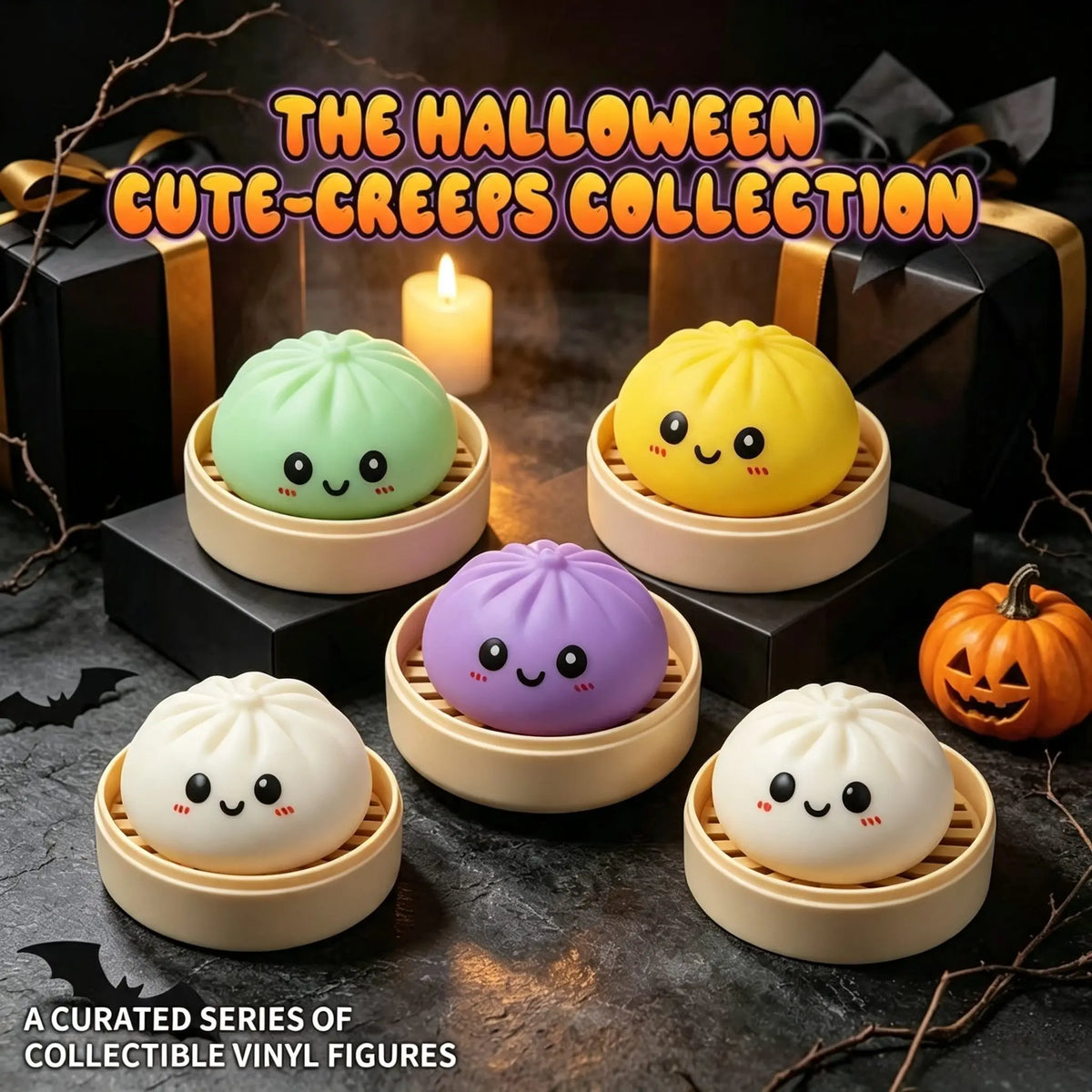 Halloween Bun Set of 18 (6 Buns+6 Steamers+6 Steamer Lids), a portable tabletop travel decompression toy, cute collectibles and trick or treat bag fillers, a great choice for party gifts