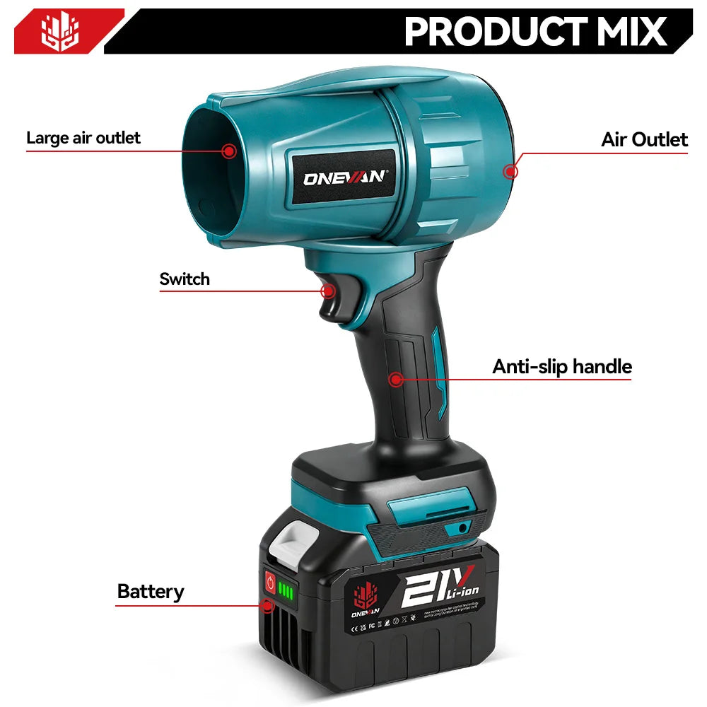ONEVAN 3500W 350M/S Brushless Electric Turbo Fan Cordless Leaf Air Blowers Snow Dust Blowing Power Tool For Makita Battery Pin