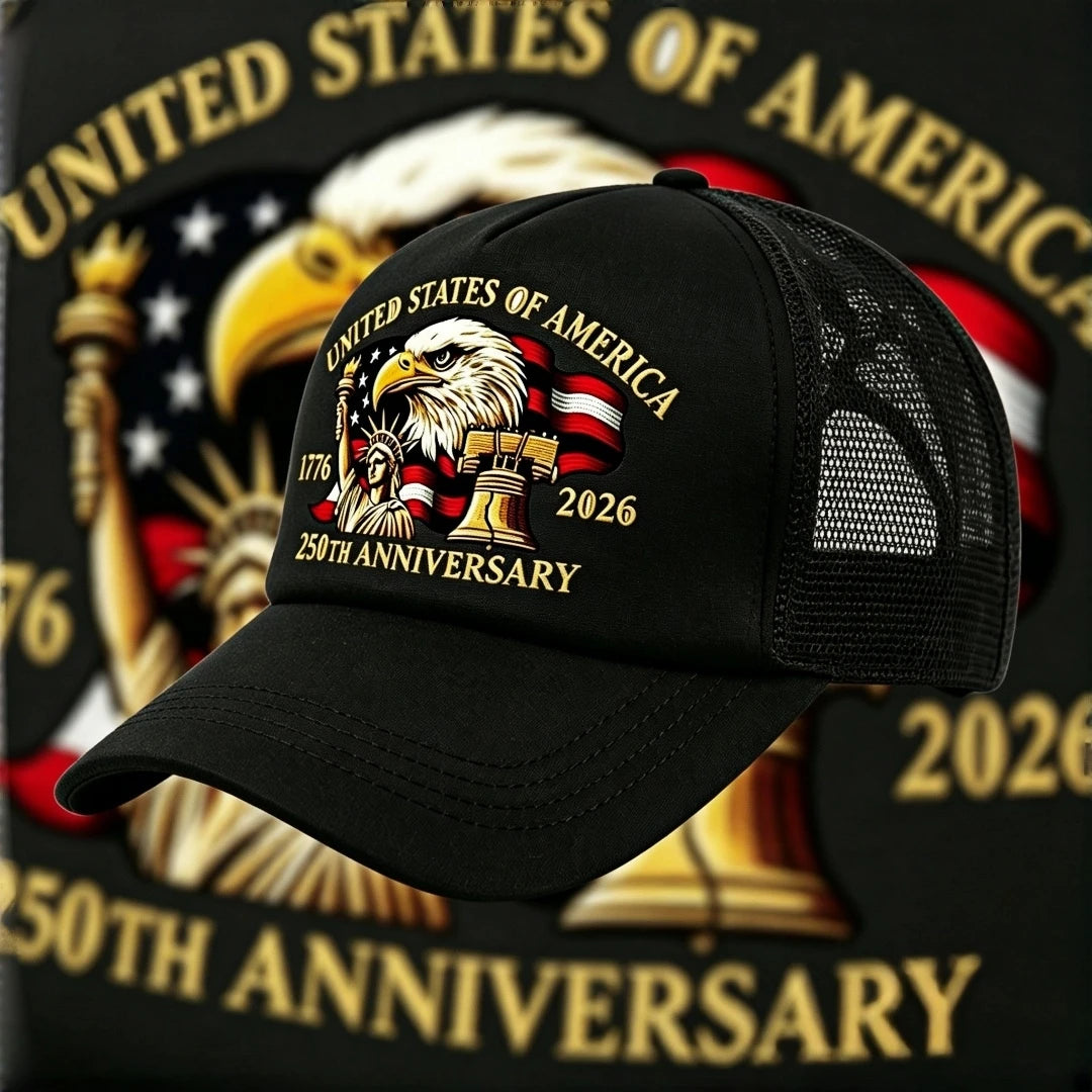 USA 250th Anniversary 1776-2026 Trucker Hat Eagle Statue of Liberty Print Mesh Cap Adjustable Patriotic Baseball Cap for Men Wom