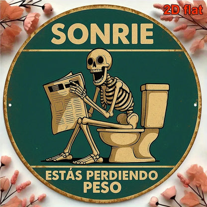 1pc, Round Spanish Aluminum Sign, Retro Decorative Plaque About 'Skeleton Reading on The Toilet', Humorous Toilet Decoration