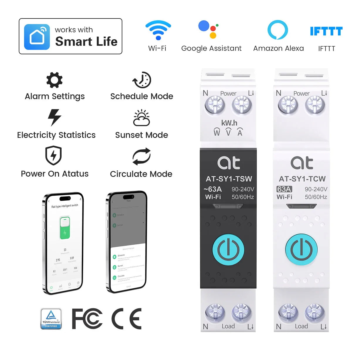 TUYA WIFI Smart Circuit Breaker Power Metering 63A 1P DIN Rail for Smart Home Wireless Remote Control Smart Switch by APP ATELE