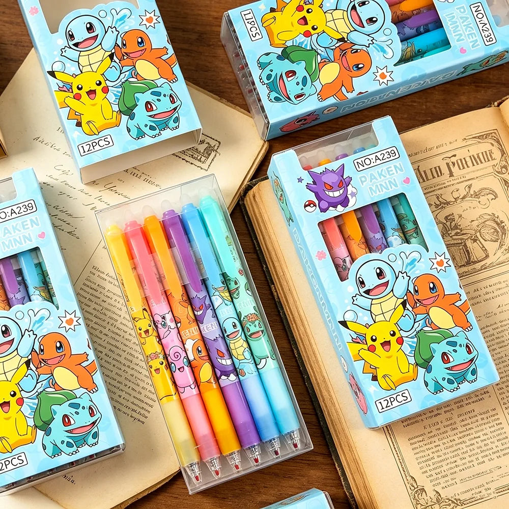 Random 6/12/24pcs Pokemon 0.5mm Blue Ink Erasable Neutral Pens Cute Student School Supplies Cartoon Stationery Rubbable Pen