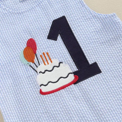 Pudcoco Infant Baby Boy Overalls, Embroidery Cake Striped Jumpsuit Birthday Clothes for Casual Daily 6-18M