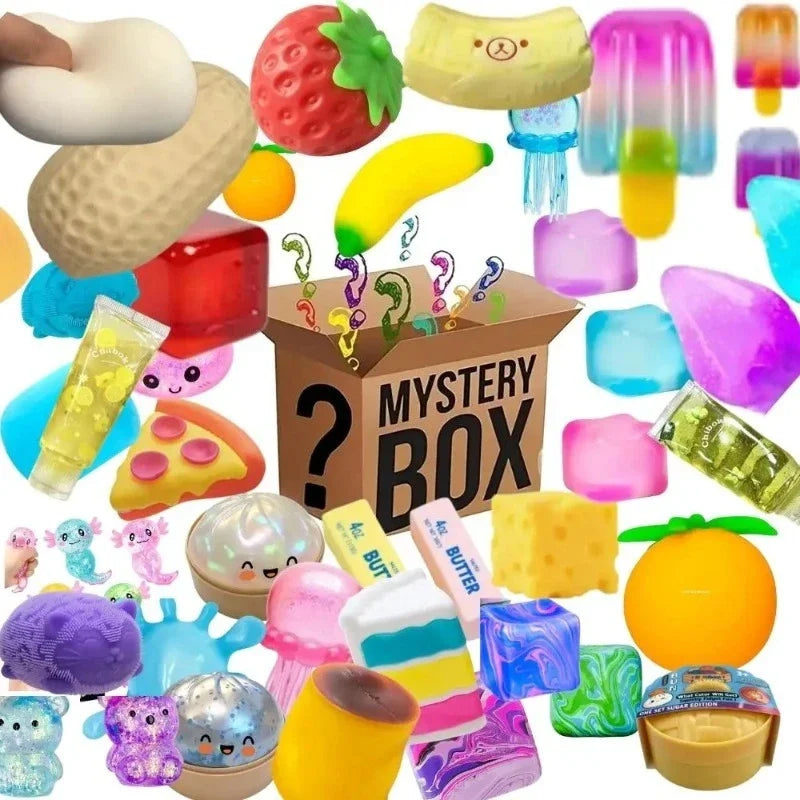 Novelty Mystery Surprise Box, Random Assorted Squishy Figures, Soft Squeeze Fidget Toy, Anxiety & Stress Relief Desktop Ornament for Children Youth