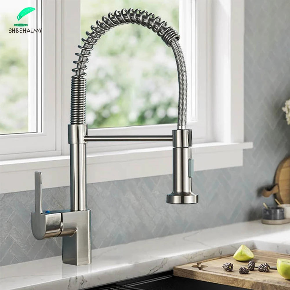 Brushed Nickel Kitchen Faucet Sink Faucet One Handle Spring Hot and Cold Water Tap Deck Mounted  Stream Sprayer Stainless Steel