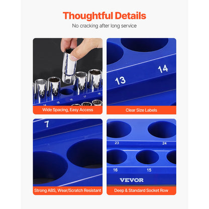 SucceBuy 6pcs/8pcs Blue+Red Magnetic Socket Organizer Set 3/8'' 1/2'' Metric SAE Socket Trays with Clear Labels for Tool Box