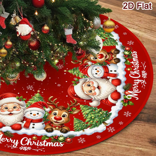 Christmas Tree Skirt Cartoon Santa Snowman Print Round 60/90cm Washable Polyester Tree Mat Home Party Decor Christmas Decoration