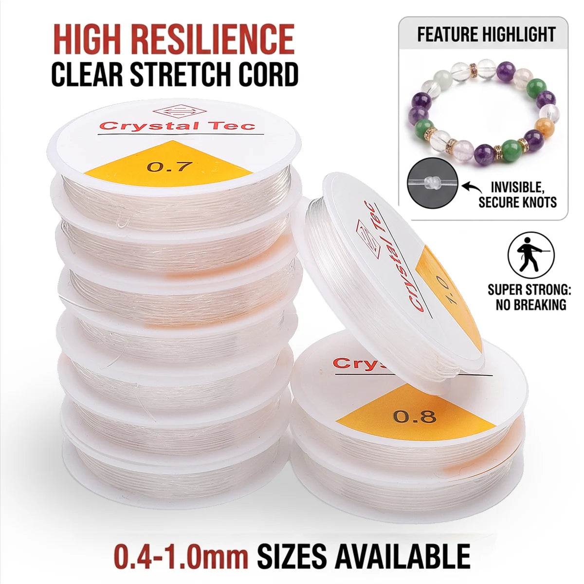 0.4-1.0mm Strong Crystal Elastic String, High Resilience Clear Stretch Cord for Bracelet Jewelry Making DIY Beading Thread