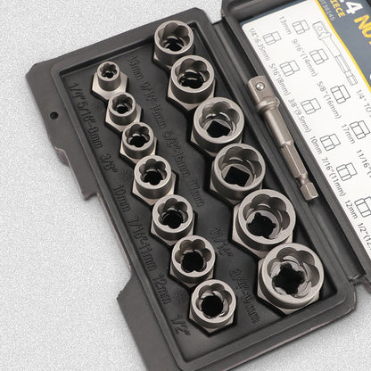 14 Pieces Impact Bolt & Nut Remover Set Cr-Mo Steel Bolt Extractor Tool Set with Solid Storage Case for Industrial Drop Shipping