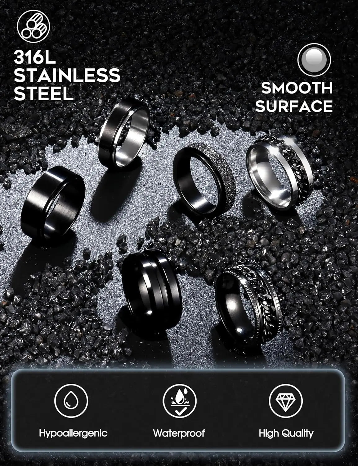 Bobisty 6Pcs Black Spinner Rings for Men Women Stainless Steel Fidget Anxiety Stress Relieving Ring Set Wedding Rings Size7-13