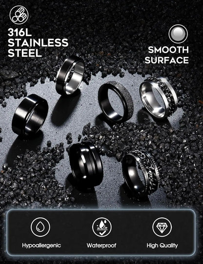 Bobisty 6Pcs Black Spinner Rings for Men Women Stainless Steel Fidget Anxiety Stress Relieving Ring Set Wedding Rings Size7-13