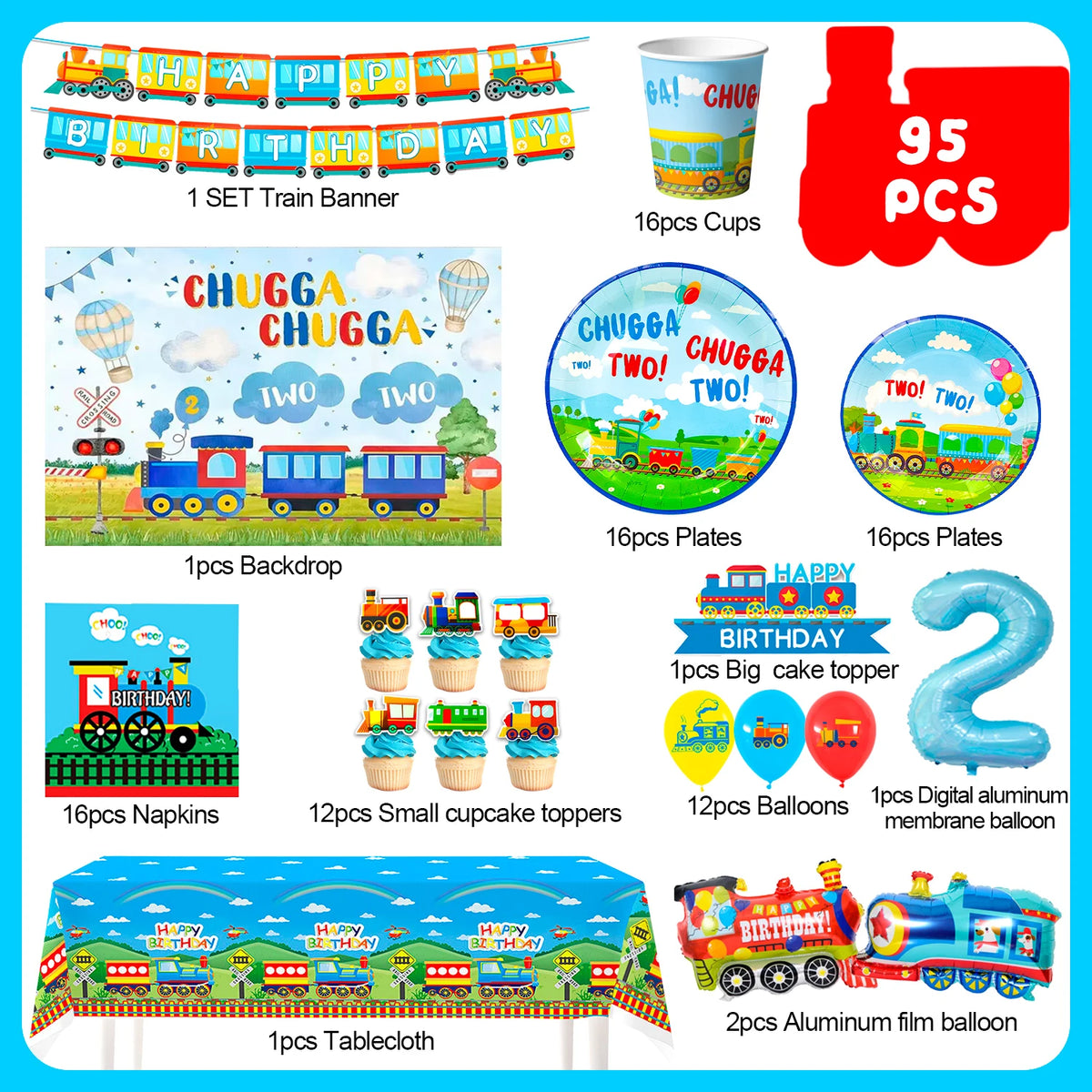 157 Pcs Train Party Decorations&Tableware Set-Plates Tablecloth Banner Balloons etc Chugga Chugga Two Two Birthday Decorations