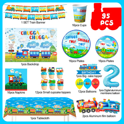 157 Pcs Train Party Decorations&Tableware Set-Plates Tablecloth Banner Balloons etc Chugga Chugga Two Two Birthday Decorations