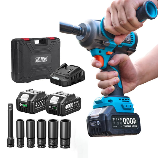SEESII 1600Nm Cordless Impact Wrench with Handle 1/2" WH12 & WH16 High Torque Brushless Electric Impact Gun Kit with 4.0Ah Battery Heavy-Duty