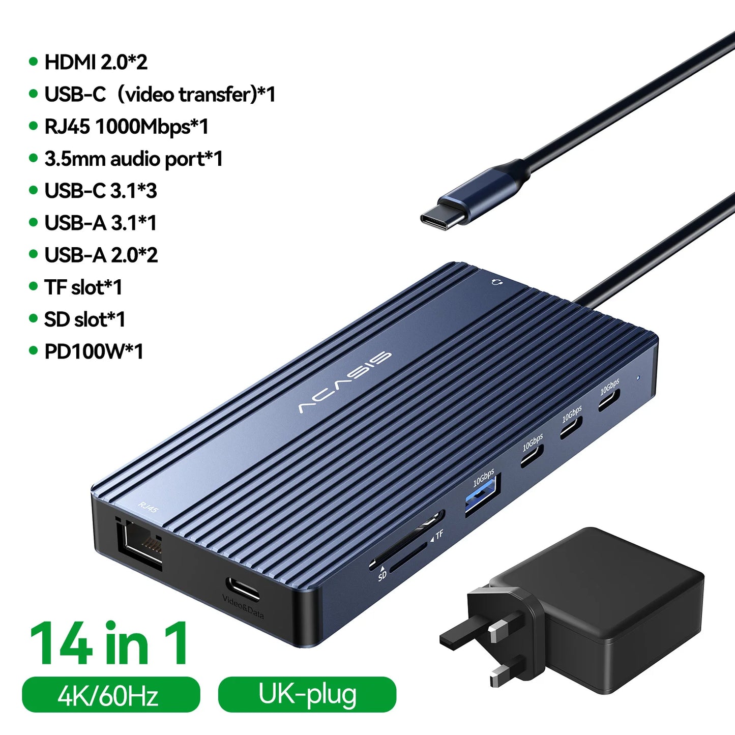Acasis 14 in 1 USB-C Docking Station Triple Display 4K60Hz HDMI DP PD100W 10Gbps Hub for MacBook Laptop Workstation Setup