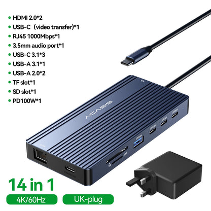 Acasis 14 in 1 USB-C Docking Station Triple Display 4K60Hz HDMI DP PD100W 10Gbps Hub for MacBook Laptop Workstation Setup