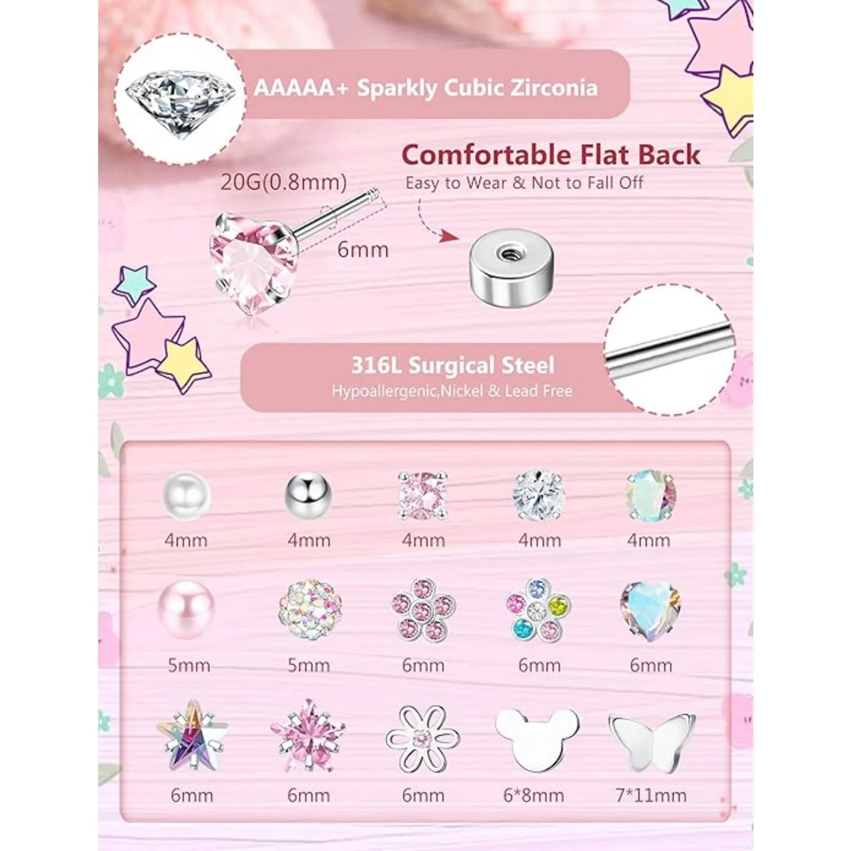 16Pairs 316L Stainless Steel Earrings for Women Hypoallergenic Screw Back CZ Pearl Heart Flower Ctue Stud Earrings Jewelry Gift