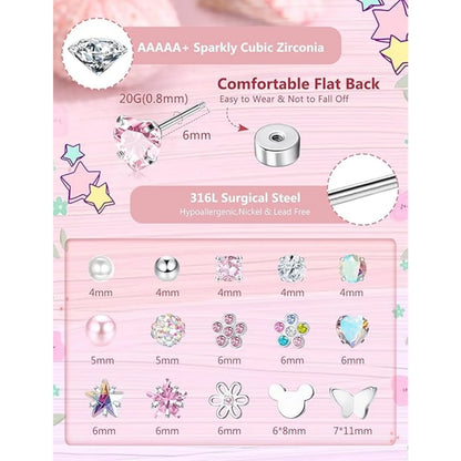 16Pairs 316L Stainless Steel Earrings for Women Hypoallergenic Screw Back CZ Pearl Heart Flower Ctue Stud Earrings Jewelry Gift