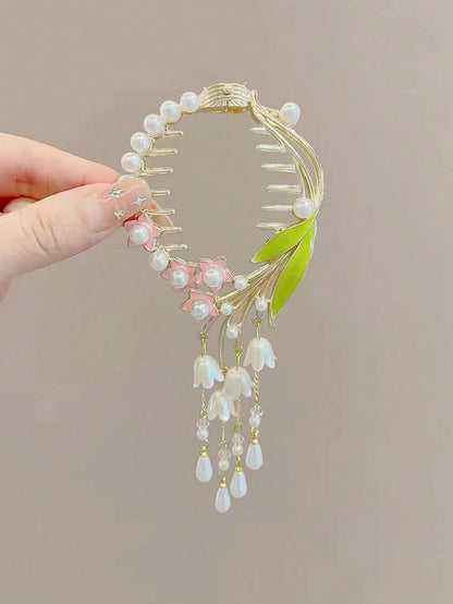 1pc Teen' Bun Holder Clip With Flower Tassel Decor, Perfect For Parties And Daily Wear In Summer