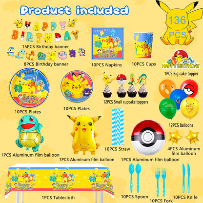 Pikachu Party Decorations,136pcs Pokemon Birthday Party Supplies-Banner Balloons Plates Napkins etc Pokemon Birthday Decorations