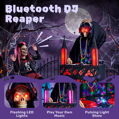 6ft Halloween Animatronic DJ Reaper Decorations Outdoor Life-Size Gothic Skeleton DJ RGB Lights & Motion Activated Head, Creepy Halloween Decor for Yard Garden Lawn