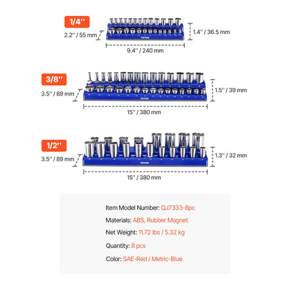 SucceBuy 6pcs/8pcs Blue+Red Magnetic Socket Organizer Set 3/8'' 1/2'' Metric SAE Socket Trays with Clear Labels for Tool Box