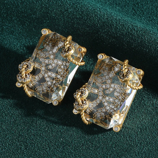 Vintage Jewelry Transparent Square Glass Stud Earrings Rhinestones Luxury Designer Winding Gold Color High Quality Accessories