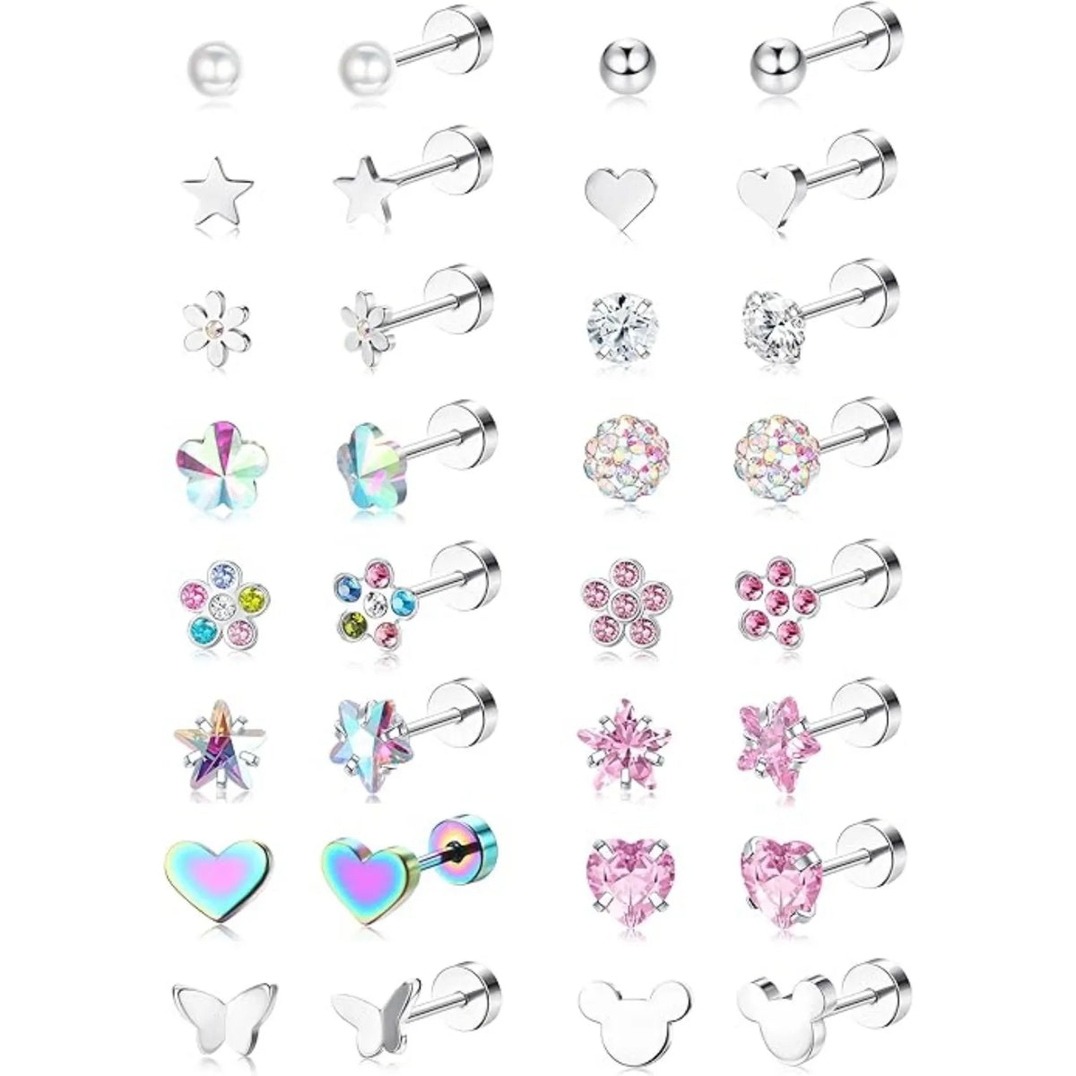 16Pairs 316L Stainless Steel Earrings for Women Hypoallergenic Screw Back CZ Pearl Heart Flower Ctue Stud Earrings Jewelry Gift