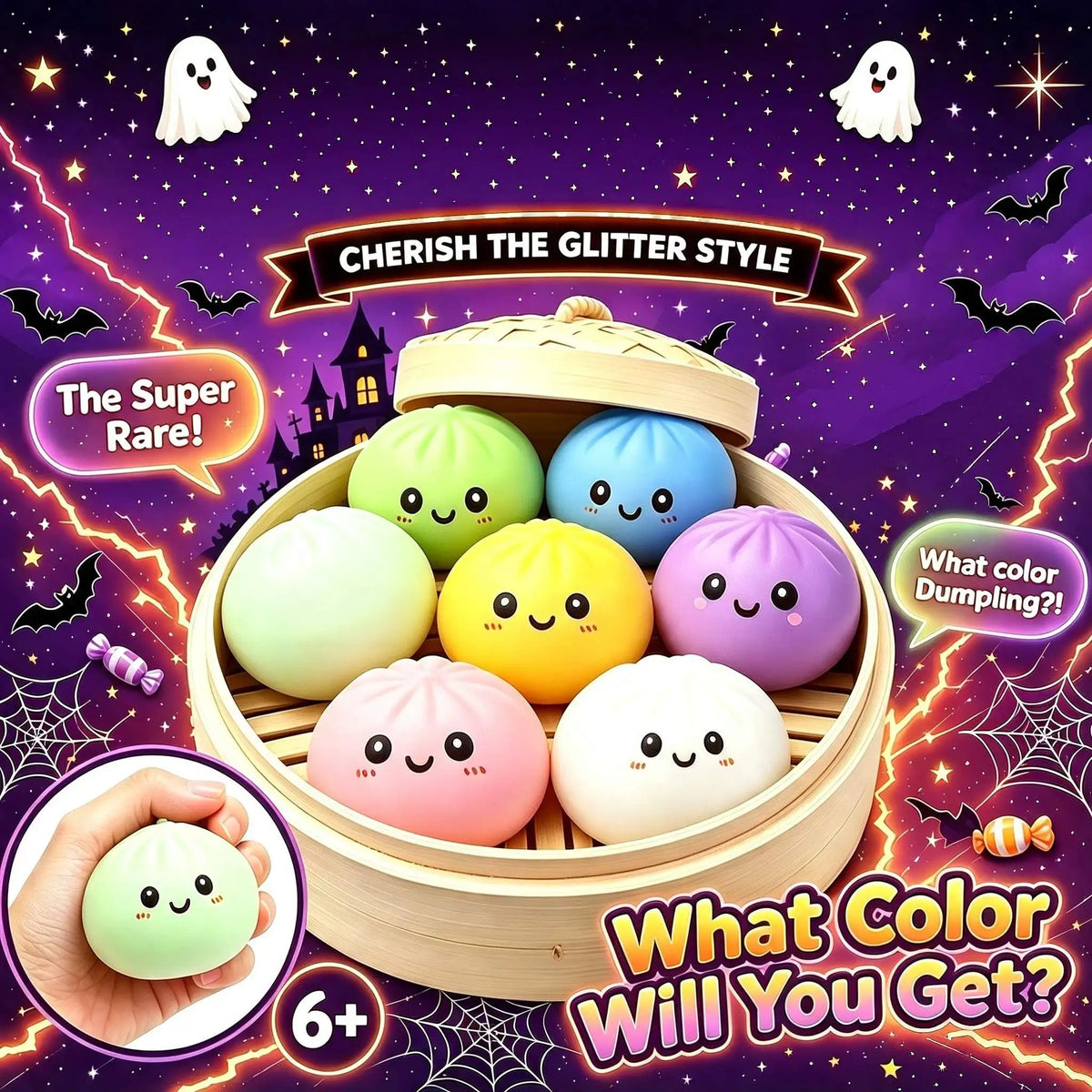 Halloween Bun Set of 18 (6 Buns+6 Steamers+6 Steamer Lids), a portable tabletop travel decompression toy, cute collectibles and trick or treat bag fillers, a great choice for party gifts