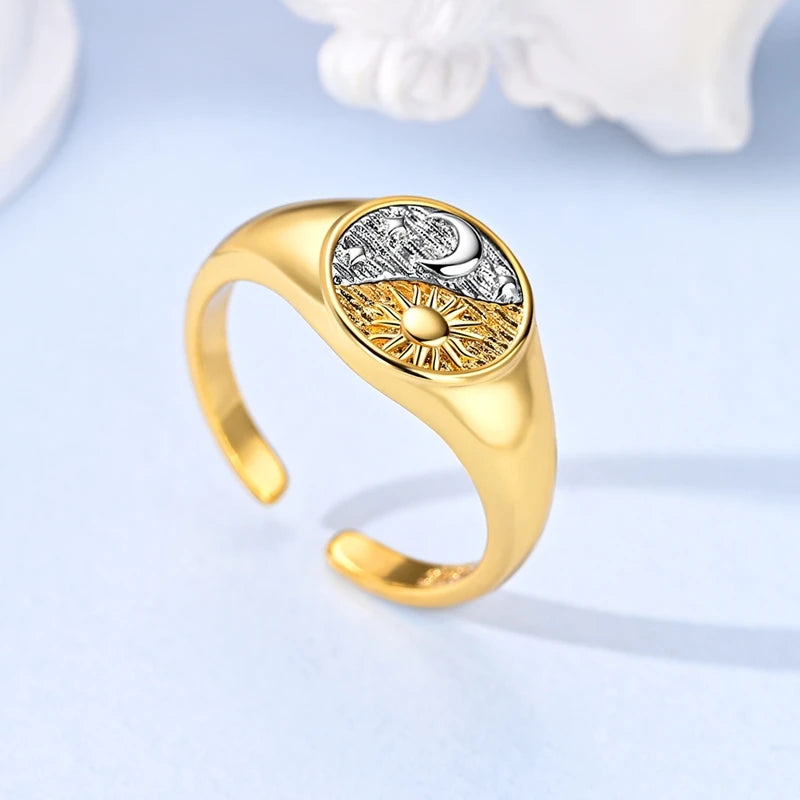 MULA 925 Sterling Silver Rings Retro Sun Moon Stars Adjustable Open Ring For Women Man Wedding Band Party Fashion Jewelry Gift
