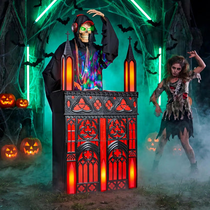 6ft Halloween Animatronic DJ Reaper Decorations Outdoor Life-Size Gothic Skeleton DJ RGB Lights & Motion Activated Head, Creepy Halloween Decor for Yard Garden Lawn