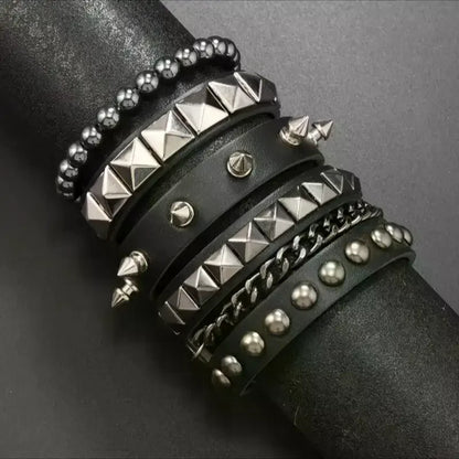 Emo Y2K Indie Grunge Studs Spiked Bracelet Goth Jewelry Accessories for Cool Rocker Skater Biker, 4 Pieces Men Punk Black PU Leather Cuff Bracelets Set