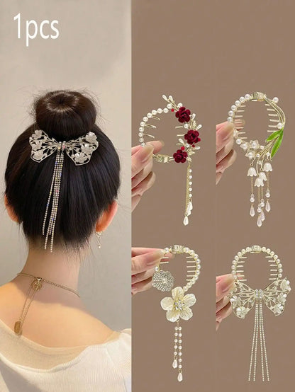 1pc Teen' Bun Holder Clip With Flower Tassel Decor, Perfect For Parties And Daily Wear In Summer