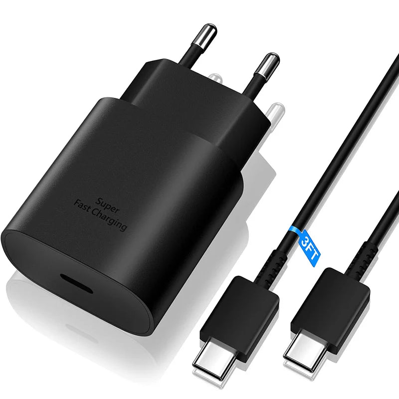 USB C 25W Fast Wall Charger with USB C to Type C Fast Charging Cable For Samsu Galax S25 24 S23 S22 S21 S20 Note 10 IPhone 15 16
