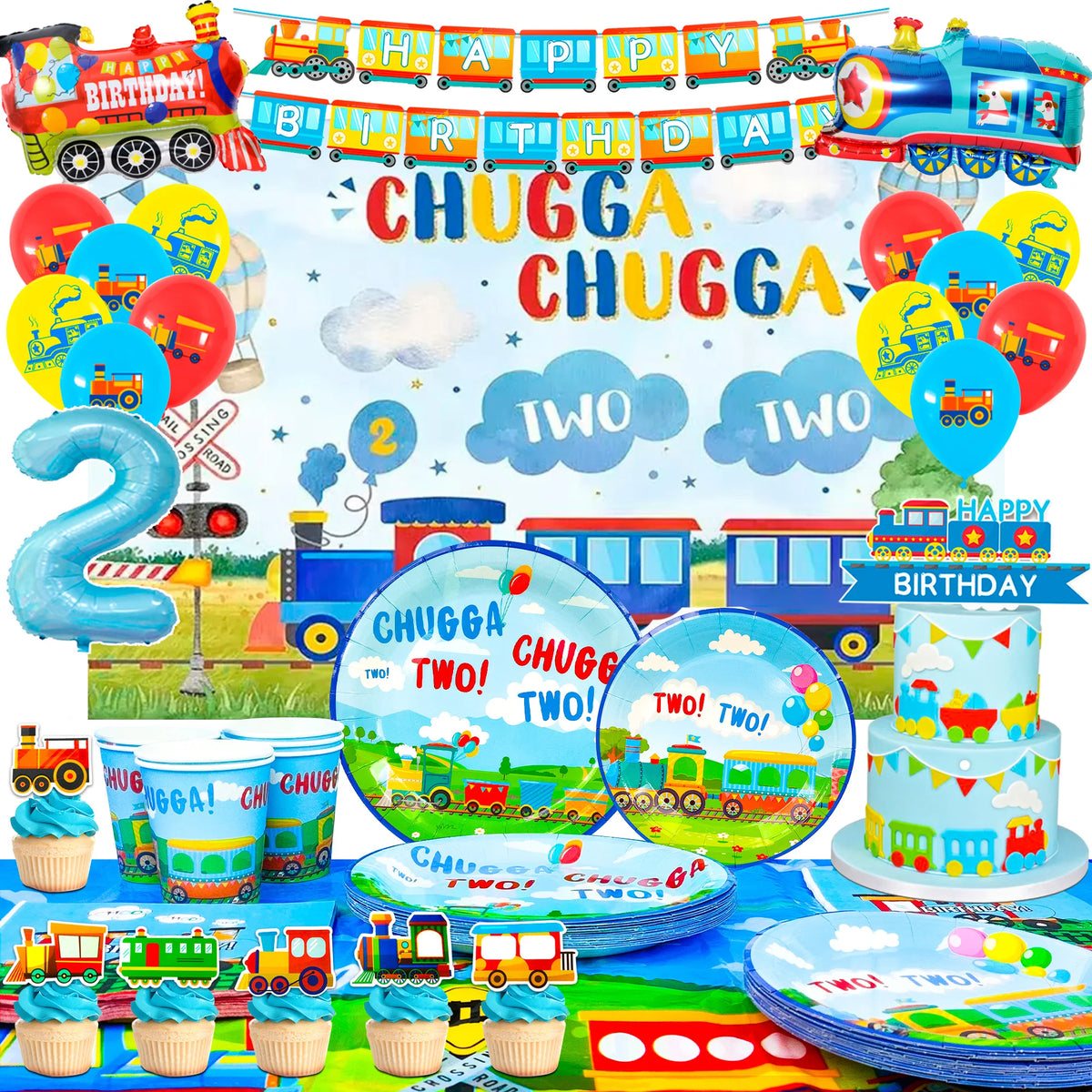 157 Pcs Train Party Decorations&Tableware Set-Plates Tablecloth Banner Balloons etc Chugga Chugga Two Two Birthday Decorations