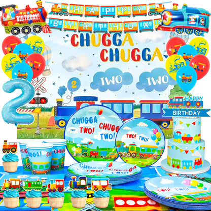 157 Pcs Train Party Decorations&Tableware Set-Plates Tablecloth Banner Balloons etc Chugga Chugga Two Two Birthday Decorations