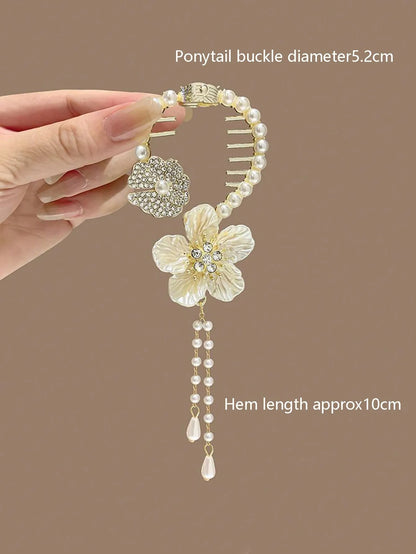 1pc Teen' Bun Holder Clip With Flower Tassel Decor, Perfect For Parties And Daily Wear In Summer