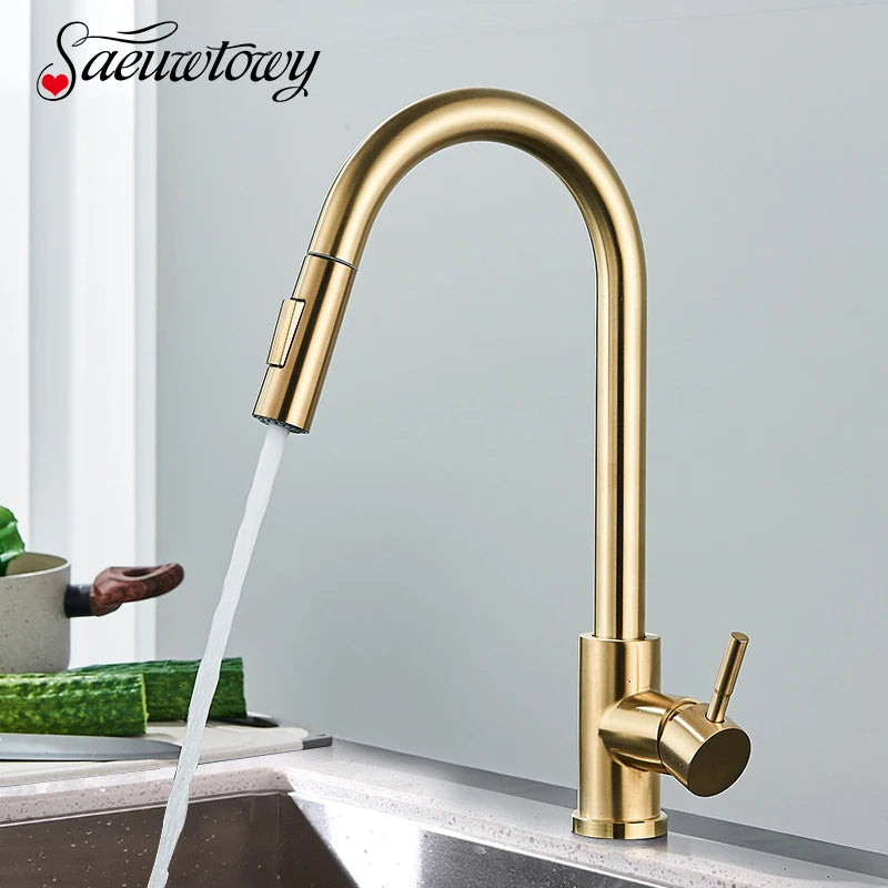 Brushed Gold Kitchen Faucet Pull Out Kitchen Sink Faucet Single Handle Faucet 360° Rotatble  Kitchen Tap  Hot Cold Mixer Crane