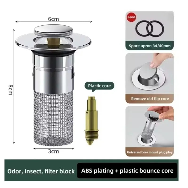 Bathroom Sink Drain Stopper, Pop Up Drain Filter with Removable Filter Basket Hair Catcher
