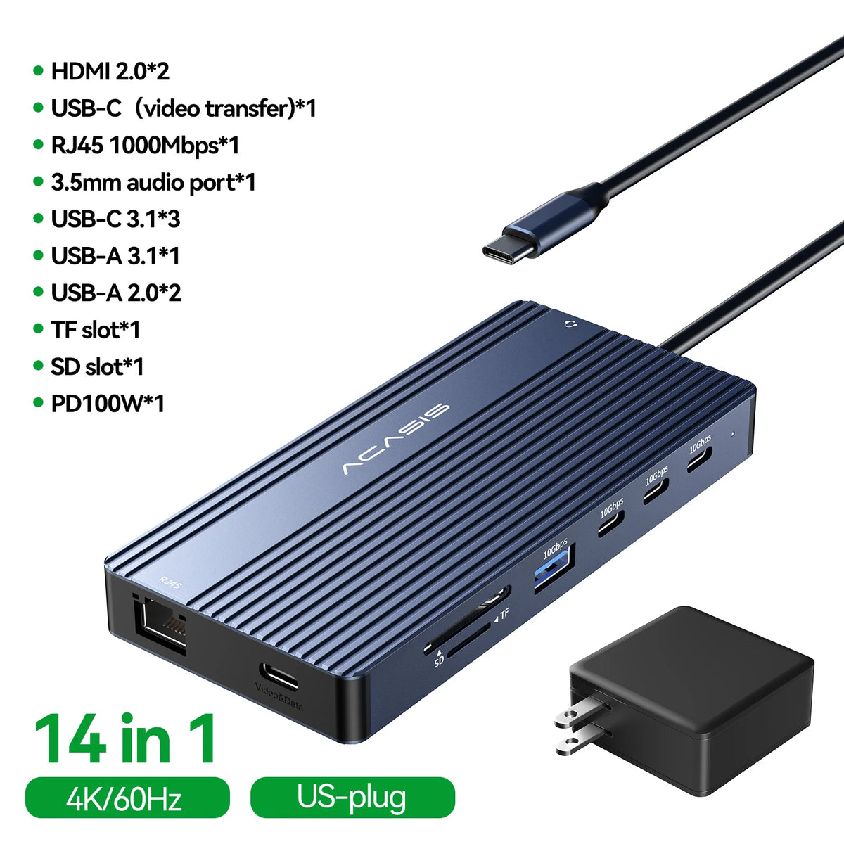 Acasis 14 in 1 USB-C Docking Station Triple Display 4K60Hz HDMI DP PD100W 10Gbps Hub for MacBook Laptop Workstation Setup
